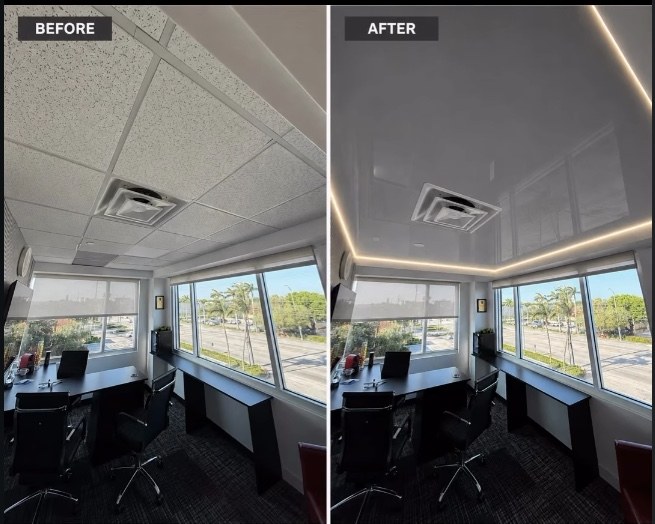 Before and after: office ceiling replaced with a seamless stretch ceiling and integrated LED lighting