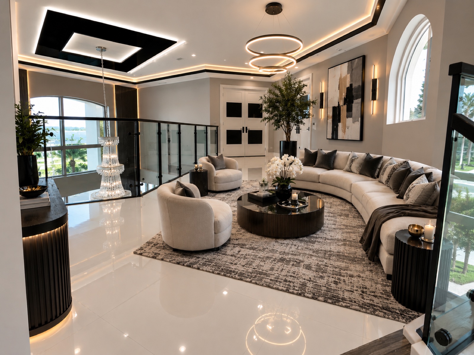 Luxury living room with recessed ceiling detail and integrated lighting